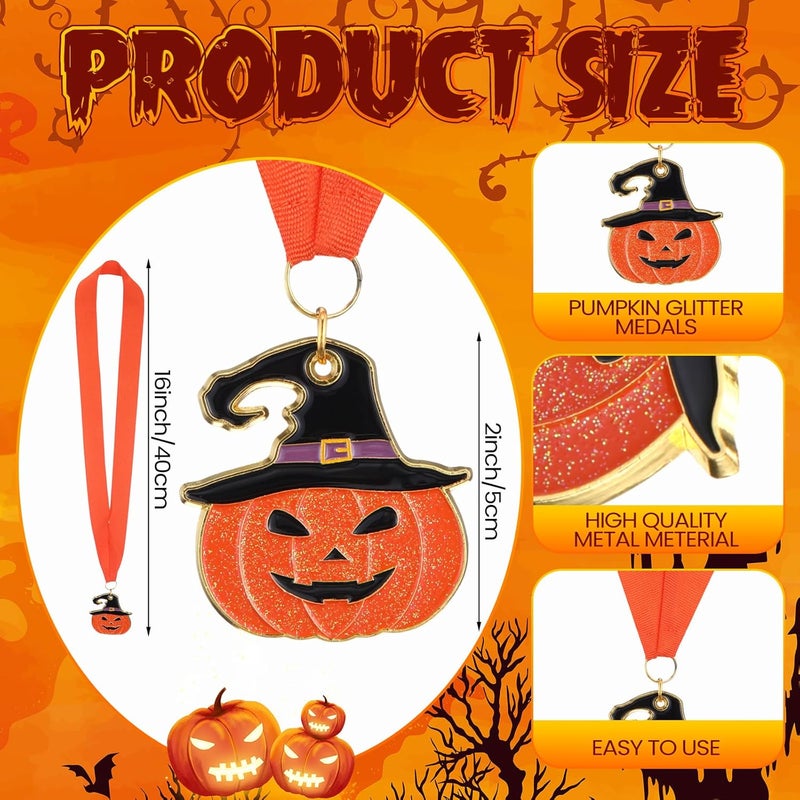 Loetere 20 Pcs Halloween Glitter Pumpkin Medals 2'' Pumpkin Carving Contest Awards Medals with Neck Ribbon Winner Participation Trophy Halloween Costume Party Supplies - Image 2